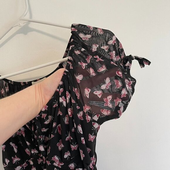 ULTRA FLIRT Black Burgundy Butterfly Print Mesh Tie Neck Y2K Ruched Mini Dress M - Picture 7 of 15